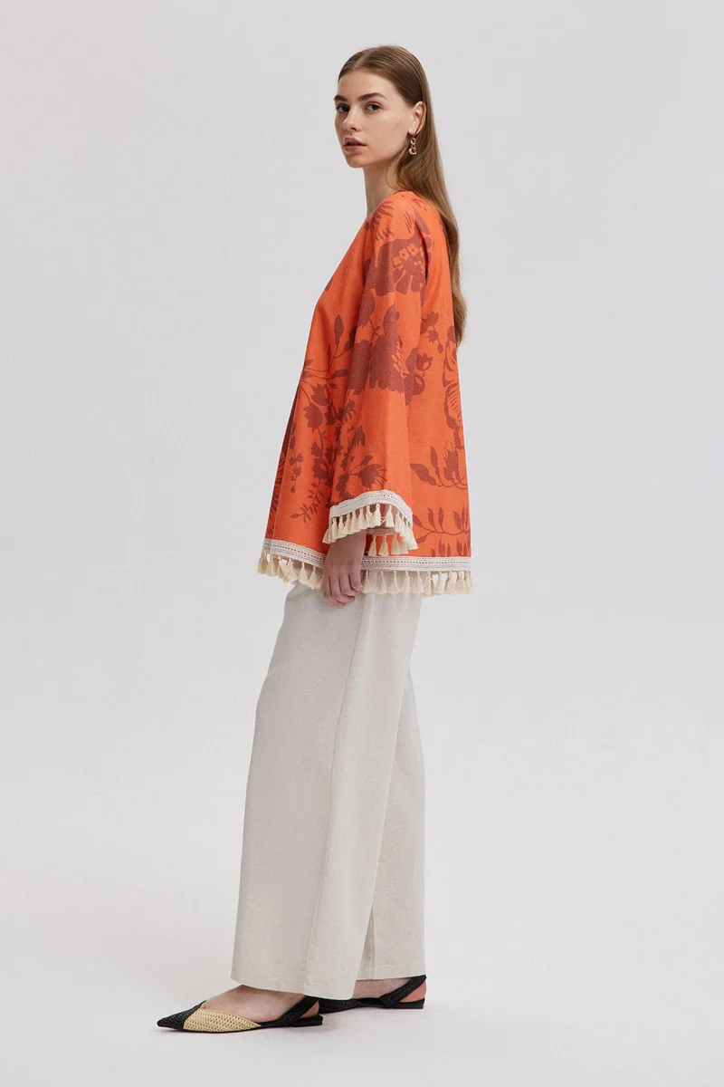 Touche Tassel Lace Detailed Natural Textured Tunic