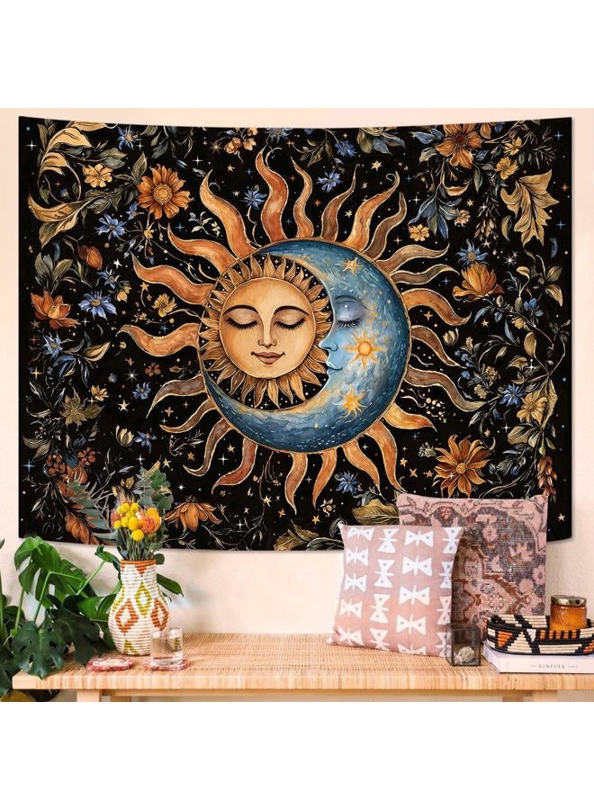 Aipon Sun and Moon Tapestry for Bedroom Boho Vintage Floral Hippie Wall Tapestry Aesthetic Retro Flower Plant Small Tapestries Wall Hanging for Living Room Dorm Decor 48 x 36 Inch - Image 1