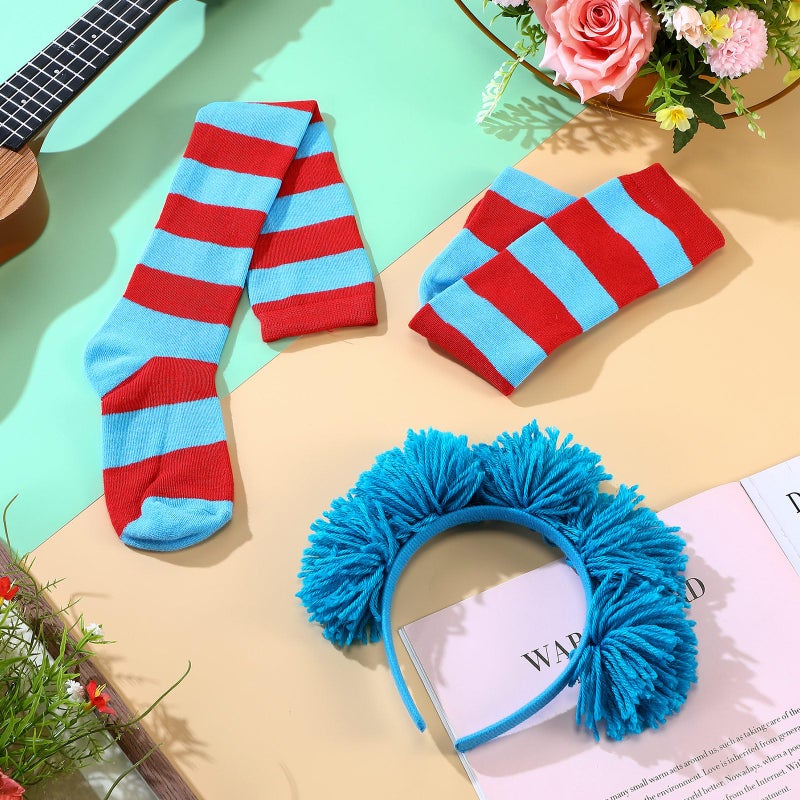 Maiteenly 2 Pieces Blue Costume Accessories Include Fuzzy Hairy Headband and Blue Red Striped Socks Long High Socks for Women (Blue Bom Bom) - Image 4