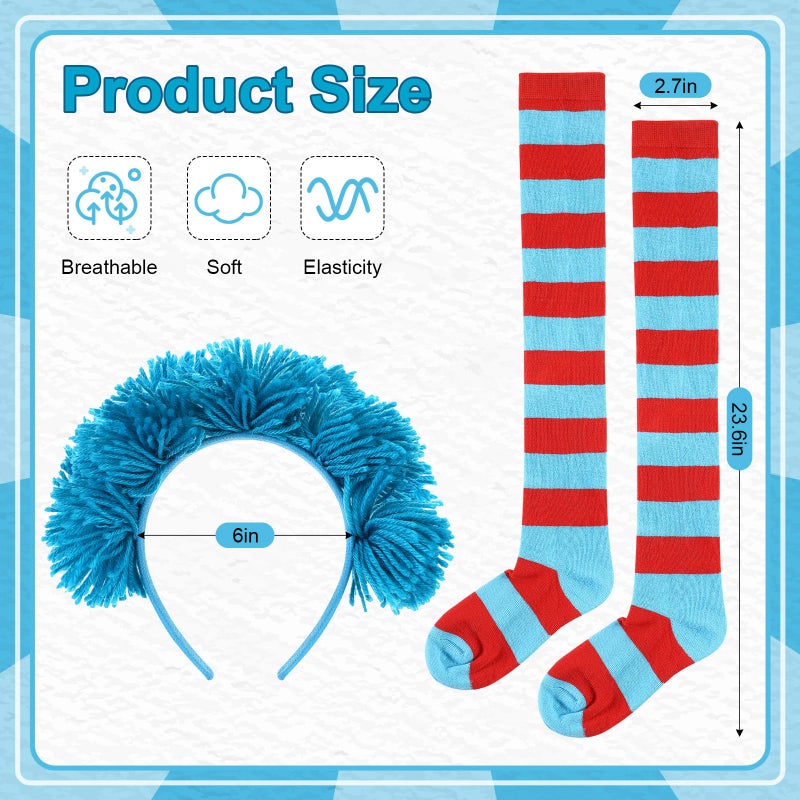 Maiteenly 2 Pieces Blue Costume Accessories Include Fuzzy Hairy Headband and Blue Red Striped Socks Long High Socks for Women (Blue Bom Bom) - Image 2