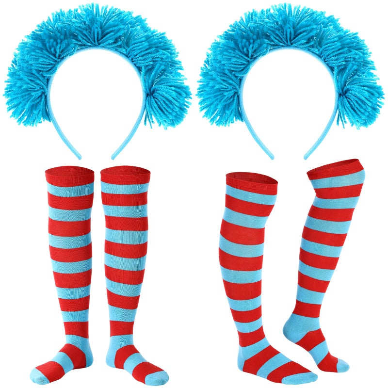 Maiteenly 2 Pieces Blue Costume Accessories Include Fuzzy Hairy Headband and Blue Red Striped Socks Long High Socks for Women (Blue Bom Bom) - Image 1