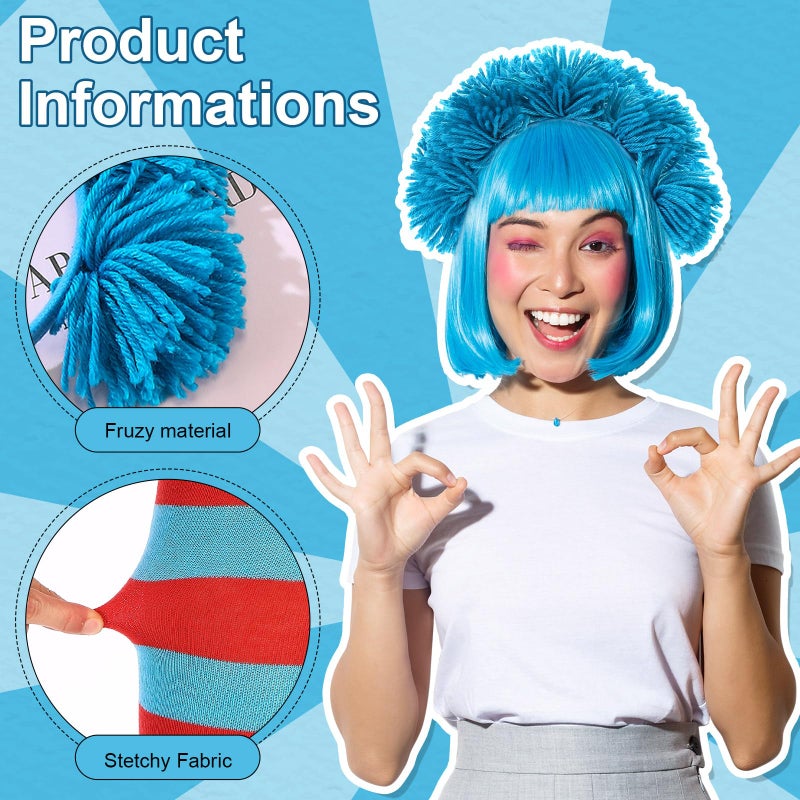 Maiteenly 2 Pieces Blue Costume Accessories Include Fuzzy Hairy Headband and Blue Red Striped Socks Long High Socks for Women (Blue Bom Bom) - Image 3