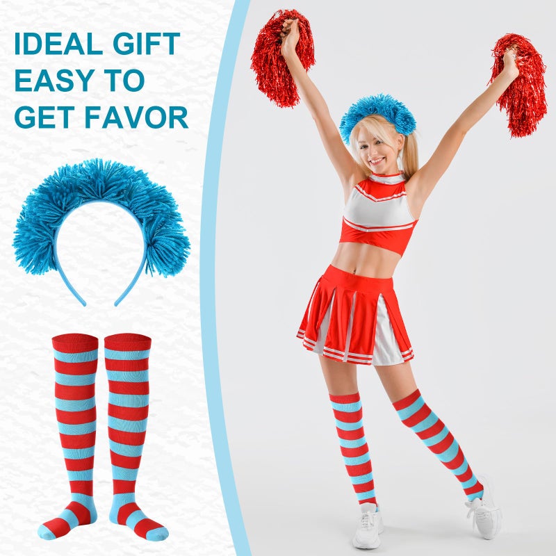 Maiteenly 2 Pieces Blue Costume Accessories Include Fuzzy Hairy Headband and Blue Red Striped Socks Long High Socks for Women (Blue Bom Bom) - Image 5