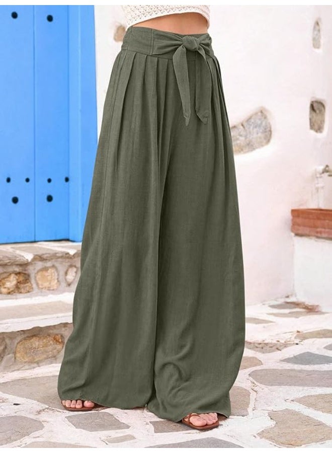 leriya fashion بنطلون بالازو عالي الخصر من ليريا للنساء | بنطلون واسع الساقين من البوليستر والقطن للنساء | بنطلون بقصة مريحة مع ثنيات مناسب للإطلالات الكاجوال وشبه الرسمية | أخضر | 36 - Image 3