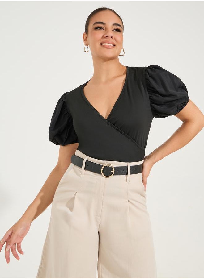 Styli Solid Mock Wrap Top with V Neck & Balloon Sleeve  - Image 1