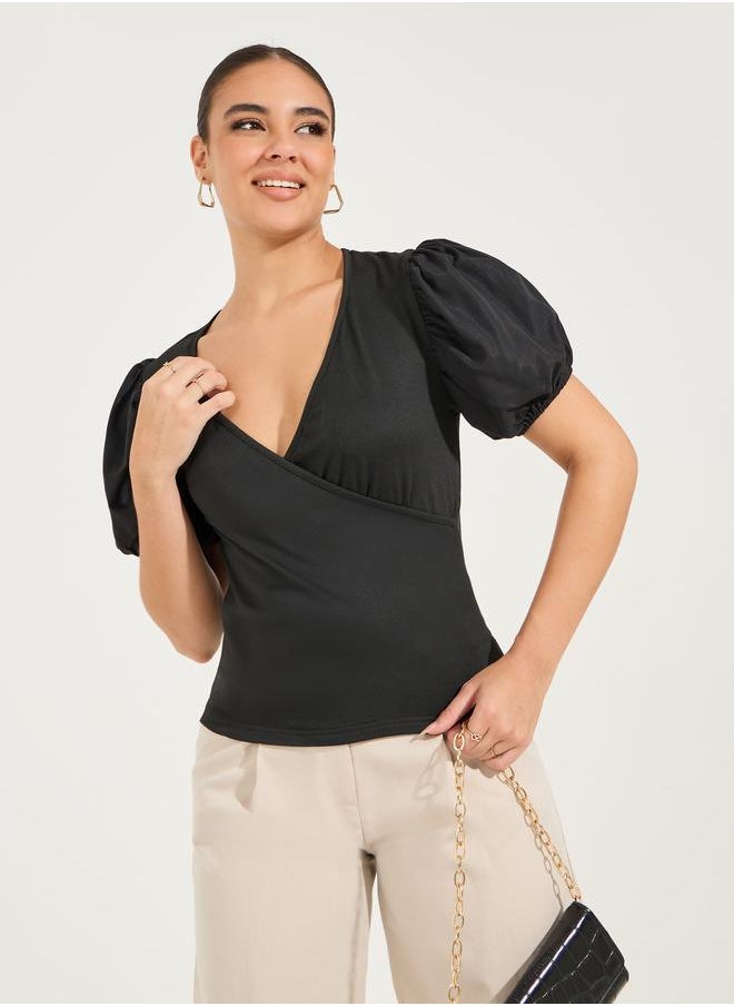 Styli Solid Mock Wrap Top with V Neck & Balloon Sleeve  - Image 3