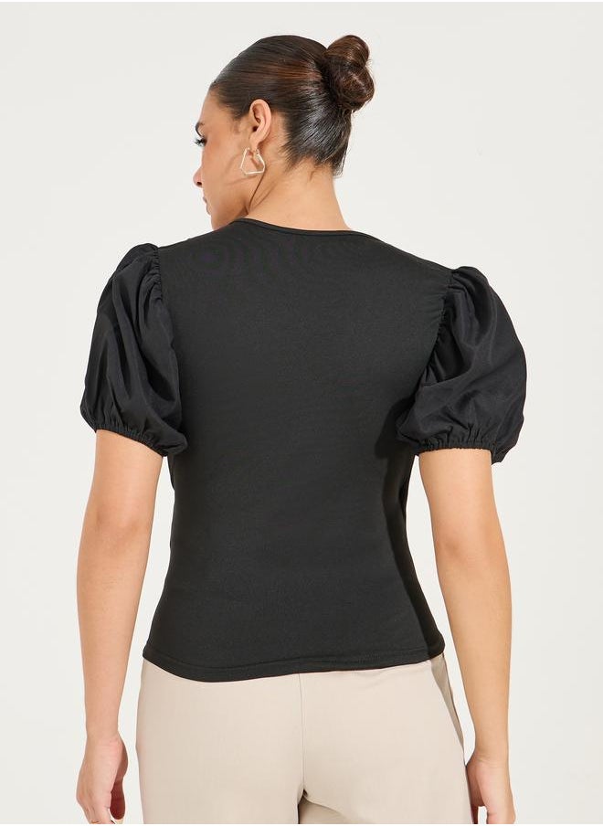 Styli Solid Mock Wrap Top with V Neck & Balloon Sleeve  - Image 5