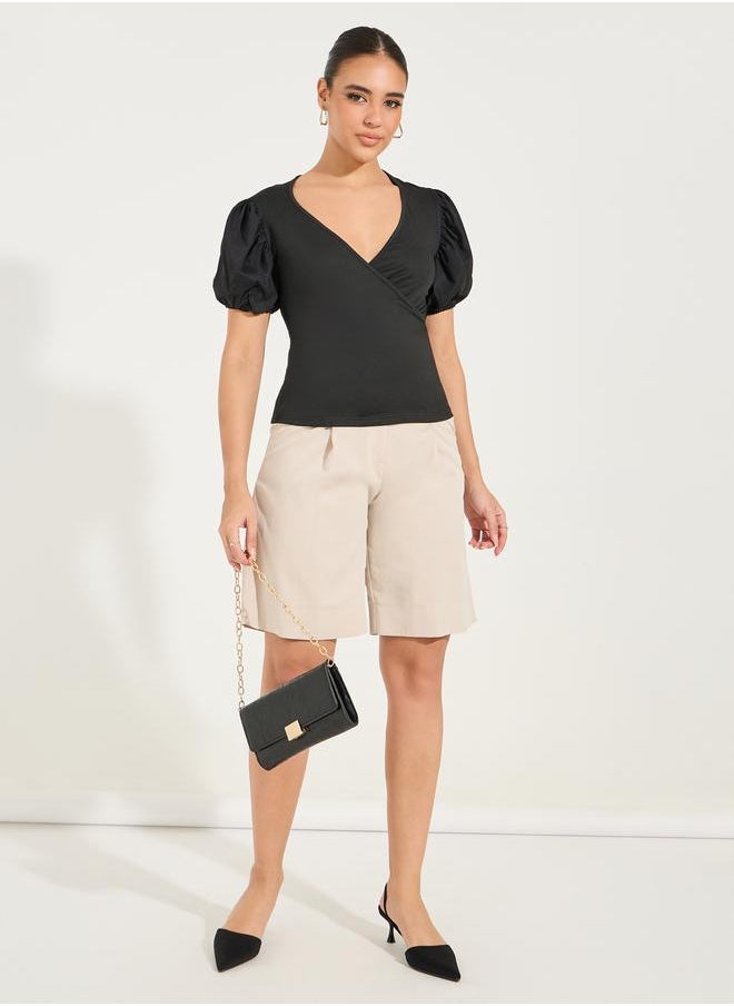 Styli Solid Mock Wrap Top with V Neck & Balloon Sleeve  - Image 2