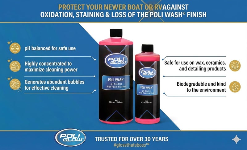 Poli Glow Poli Wash - صابون رغوي مركز للقوارب والمركبات الترفيهية، محايد للأس الهيدروجيني، آمن للطلاءات الخزفية، الألياف الزجاجية، الطلاء الشفاف، طبقة الجل، الألومنيوم، الأسطح المطلية، والبلاستيك، 16 أونصة - Image 4