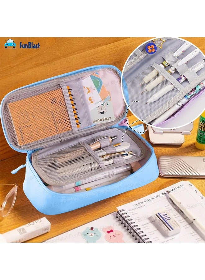 فنبلاست حافظة أقلام فن بلاست كبيرة السعة، متعددة الجيوب بسحاب مزدوج، حقائب لطيفة للفتيات، حقيبة تنظيم أدوات مكتبية، حقيبة أنيقة، حافظة أقلام كاواي (أزرق) - Image 2