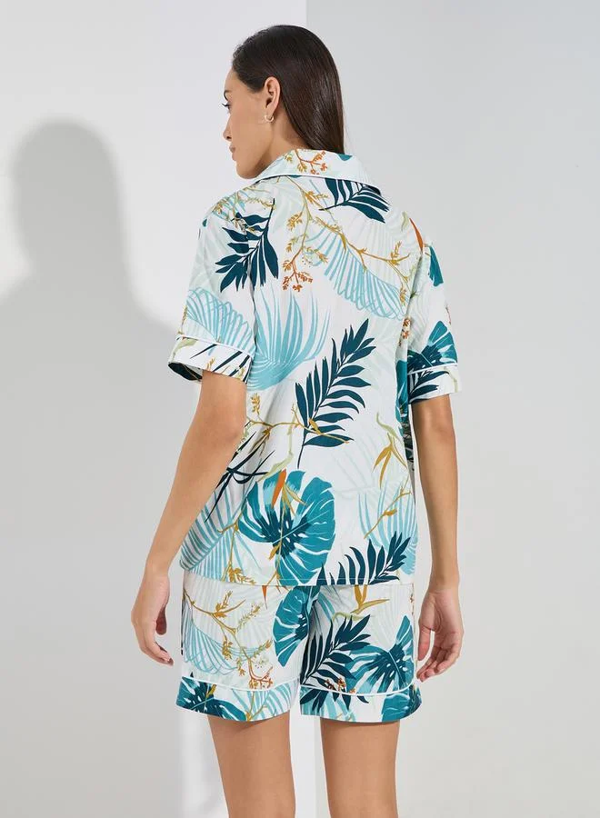 Styli Cotton Linen Tropical AOP Buttoned Shirt & Shorts Set