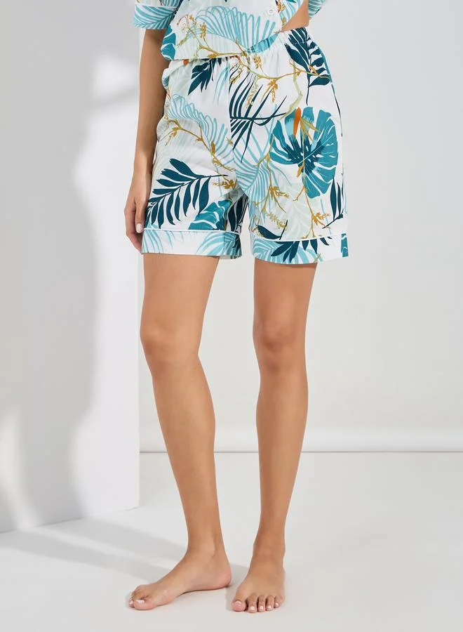 Styli Cotton Linen Tropical AOP Buttoned Shirt & Shorts Set