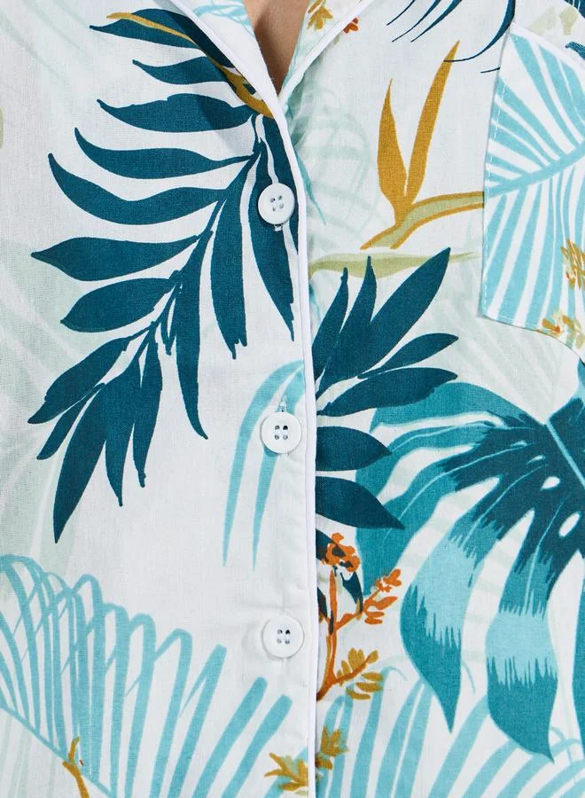 Styli Cotton Linen Tropical AOP Buttoned Shirt & Shorts Set