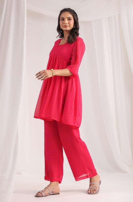 Janasya Women's Pink Dobby Georgette Self Design Gathered Co-ord Set (JAA24CD00047-J-S) - Image 4