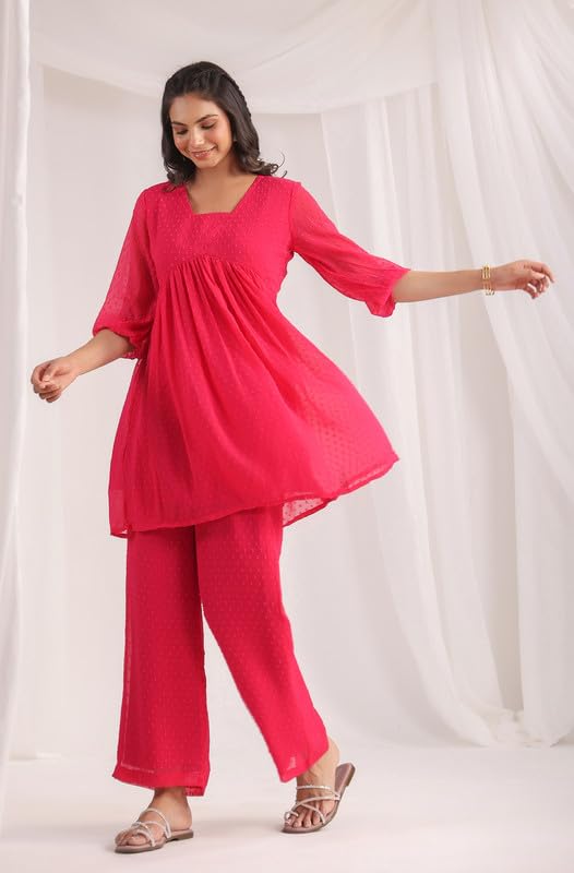 Janasya Women's Pink Dobby Georgette Self Design Gathered Co-ord Set (JAA24CD00047-J-S) - Image 3