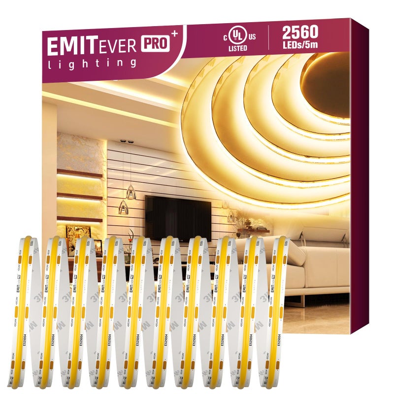 EMITEVER COB LED Strip Lights Warm White, 3000K Tape Light Premium High Density, DC 24V, 360+Lumens/ft, 2560LEDs/Spool, Ra 90+, 16.4ft/5m, UL Listed 5 Year After-Service (power supply sold separately) - Image 1