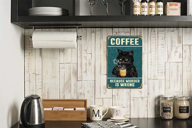 Fmcmly Retro Cat Coffee Metal Tin Sign Vintage Kitchen Signs Wall Decor Home Bar Cafe Decorations Art Poster 8x12 Inch Because Murder Is Wrong Signs - Image 2