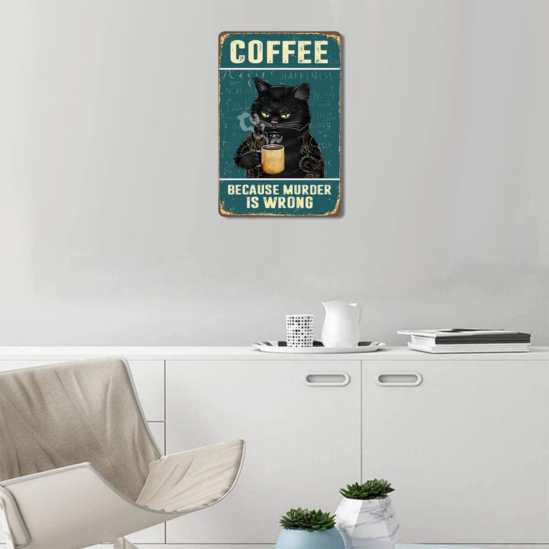 Fmcmly Retro Cat Coffee Metal Tin Sign Vintage Kitchen Signs Wall Decor Home Bar Cafe Decorations Art Poster 8x12 Inch Because Murder Is Wrong Signs - Image 3