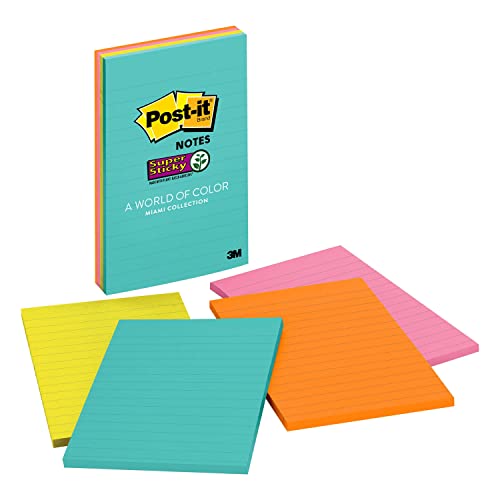Post It Post-it Super Sticky Notes, 4" x 6", Miami Collection, 4 Pads per Pack, 45 Sheets per Pad, Lined (4621-SSMIA) - Image 1