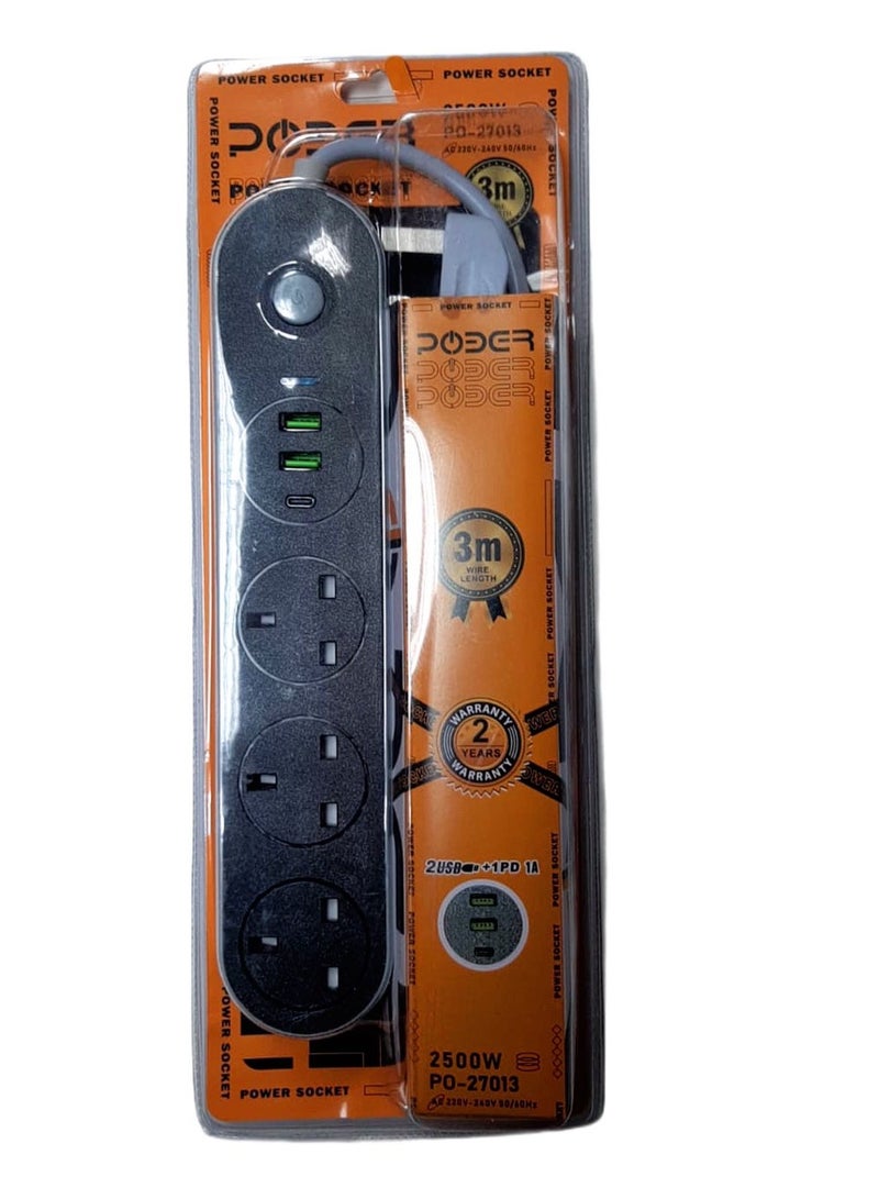 POWER Multifunctional electric Power Socket 3 meters 2500W 3 plug, 2 PCS USB, 1 PD Fast Charger - Image 1
