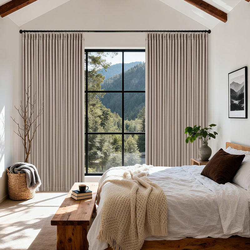 TWODRAPES Extra Wide Burlywood Birch Blackout Sliding Glass Door Curtains 102 Inches Long Memory Trained Pinch Pleated Linen Double Layer Black Out Heat Blocking Curtain 70 Inch Width 102 Inch Length 1 Panel - Image 1