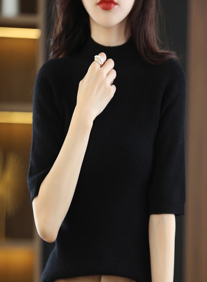 Spring and summer loose all-match wool knitted short-sleeved women's large size round neck solid color bottoming shirt knitted T-shirt thin section Fog blue L - Image 4