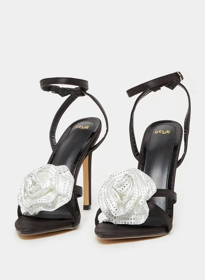 Styli Flower Applique Ankle Strap High Heel Sandals
