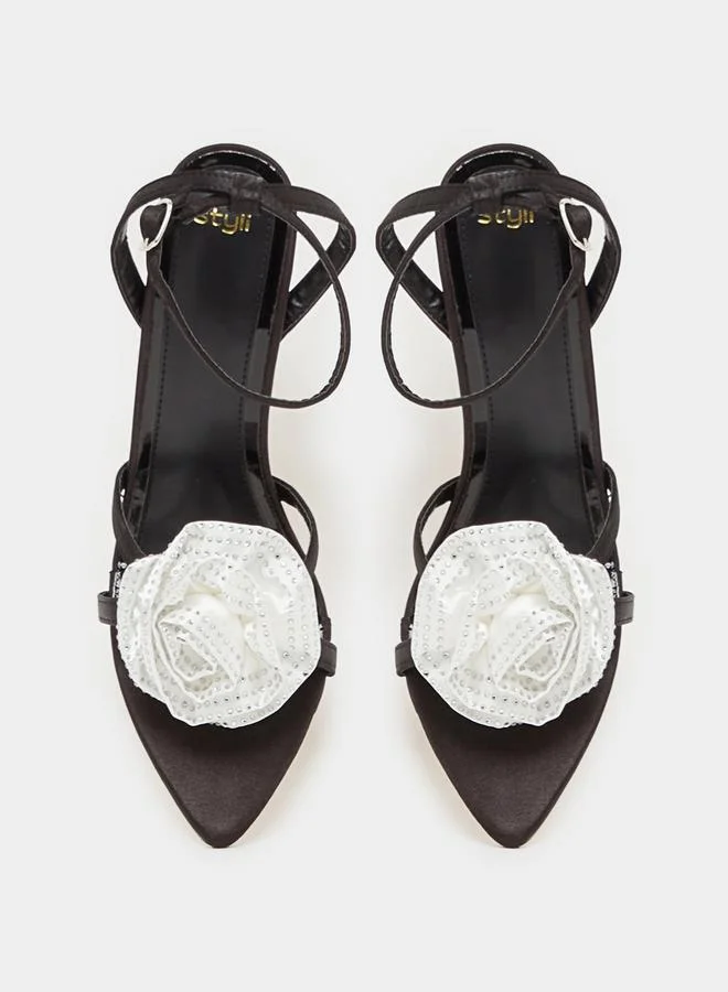 Styli Flower Applique Ankle Strap High Heel Sandals