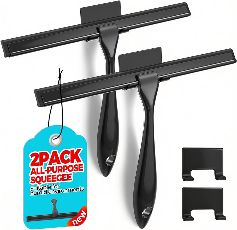ALFLOD 2PACK ممسحة دش متعددة الأغراض 11.5 بوصة لأبواب الدش، مجموعات أقمشة الحمام، جدران الدش المبلطة، الحمام، النافذة، الزجاج وزجاج السيارة الأمامي، المرايا والمطبخ - ستانلس ستيل، أسود - Image 1