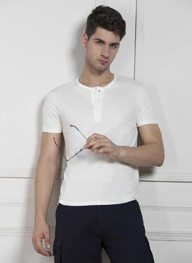 Dennis Lingo Regular Fit Ecru Cotton Henley Neck T-Shirt  - Image 2