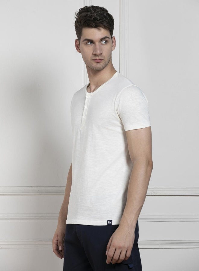 Dennis Lingo Regular Fit Ecru Cotton Henley Neck T-Shirt  - Image 3