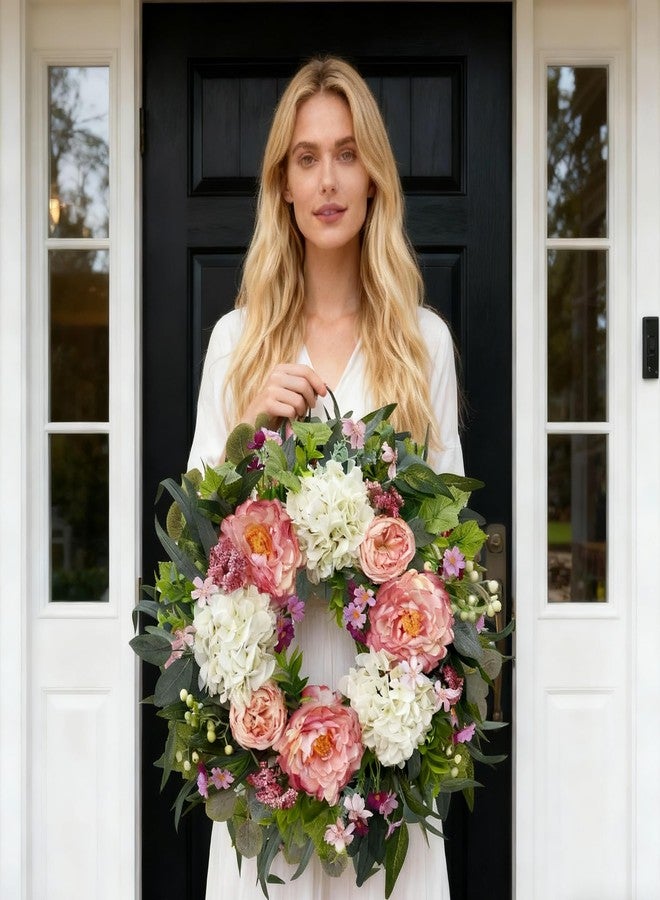 HipTree 24 Inch Spring Wreaths for Front Door,Handmade Silk Pink Peony and White Hydrangeas Floral Wreath for Mothers Day,Summer,Wedding,Valentines Day Decorations,Indoor Outdoor and Wall Decor - Image 3