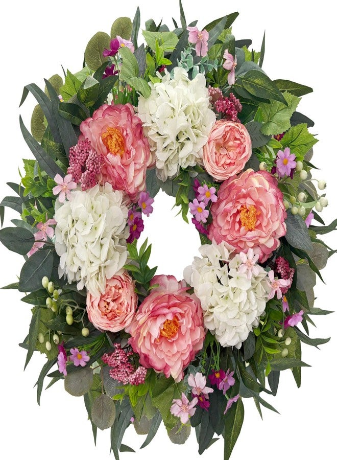 HipTree 24 Inch Spring Wreaths for Front Door,Handmade Silk Pink Peony and White Hydrangeas Floral Wreath for Mothers Day,Summer,Wedding,Valentines Day Decorations,Indoor Outdoor and Wall Decor - Image 1
