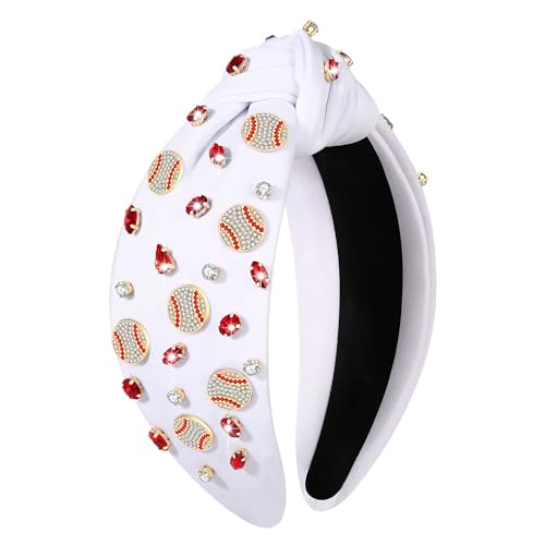 boderier Baseball Headband Hair Accessories Jeweled Crystal Baseball Embellished Wide Knotted Headband for Women Game Day Accessories Rhinestone White - Image 1