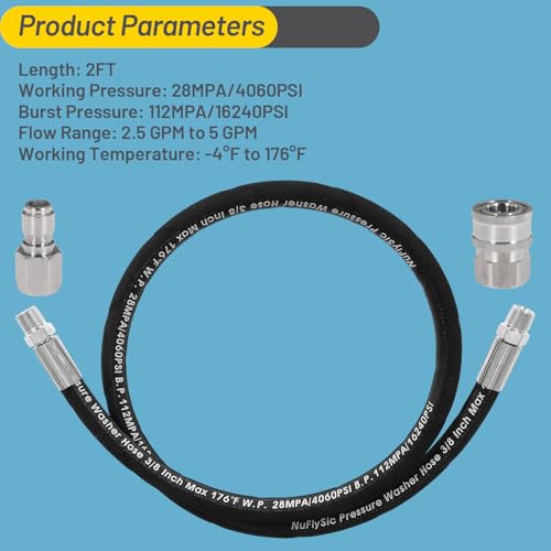 NuFlySic Pressure Washer Whip Hose Power Washer Jumper Hose for Pressure Washing with Steel Connector 3/8 Inch NPT Quick Connect Plug Hose Reel Connector Hose, 4000 PSI, 2FT, 1PCS - Image 2