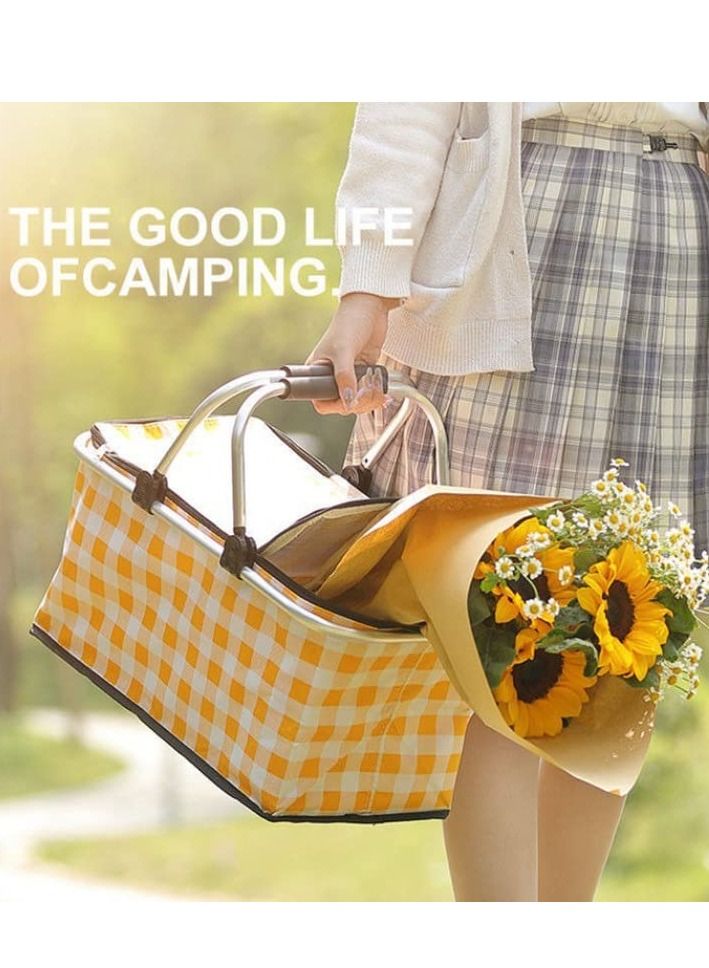 XiuWoo 20L Foldable Large Insulated Picnic Basket, Outdoor Waterproof Leak-Proof Collapsible Camping Baskets with Lid and Handles, Folding Picnic Cooler Bag for Food Delivery, Take Outs, Shopping, Travel - Image 2