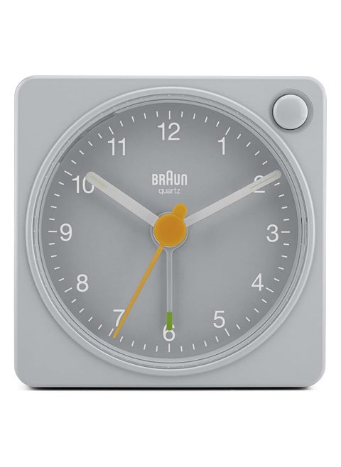 Braun Classic travel Analogue Alarm Clock with Snooze and Light, Compact Size, Quiet Quartz Movement, Crescendo Beep Alarm in grey, model BC02XG
