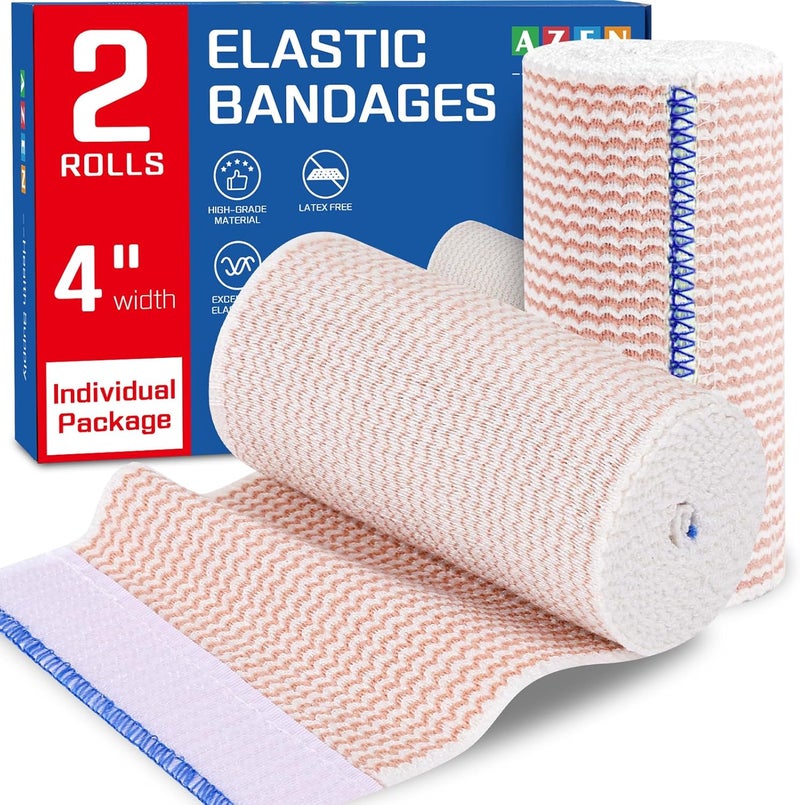 AZEN 4in Premium 2 Pack Elastic Bandage Wrap, Compression Wrap Bandage for Legs, Ankle, Knee, Tummy, Body, Lymphedema Wraps for Legs, Latex-Free