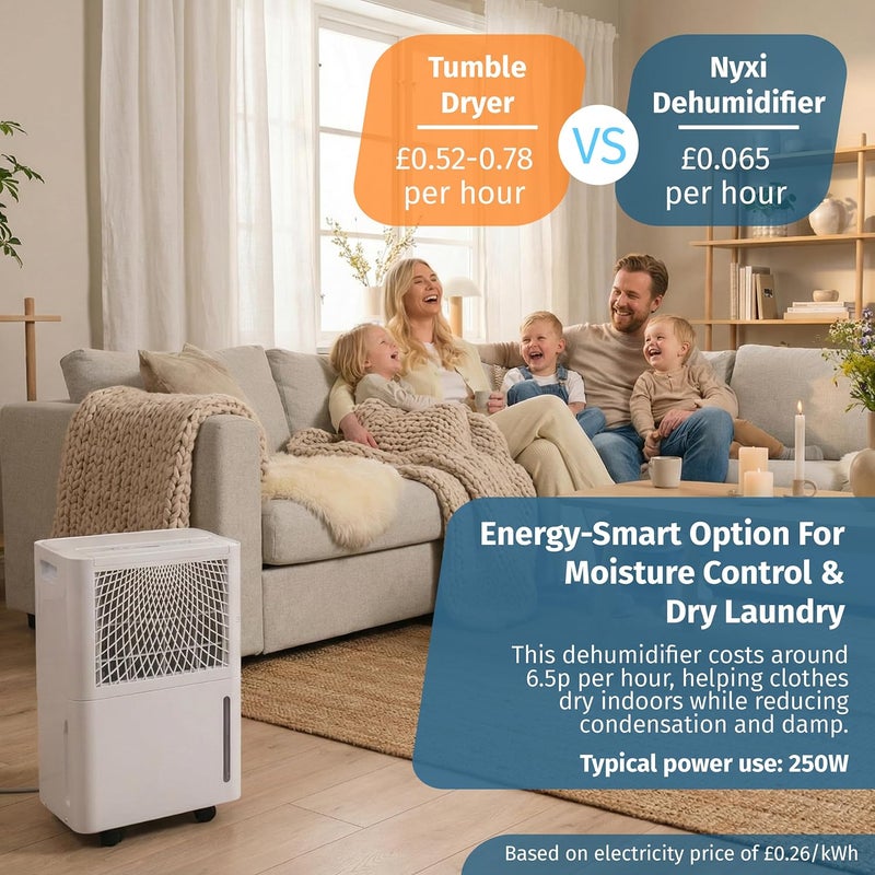 Nyxi 12L Per Day Compressor Dehumidifier, Digital Humidity Sensor, Laundry Drying, Auto-Off, 24hrs Timer, Continues Drainage, Removes Condensation, Humidity, Damp, Moisture, Ideal for Homes, Offices - Image 5