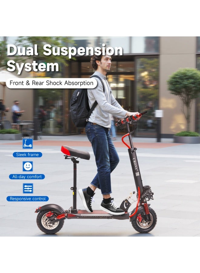 Crony V10 Big LCD Display 1200W Motor E-Scooter, 48V 12AH Battery, 42 MRH Max Speed, 25 Miles Range, Off-Road Rubber Tires, Dual Disc Brakes, Front & Rear Suspension, Foldable Aluminum Frame, Triple LED Headlights, LED Base Lighting, with Seat, Heavy Duty 265 lbs Load Capacity, Fast Urban Commuter, Red - Image 5