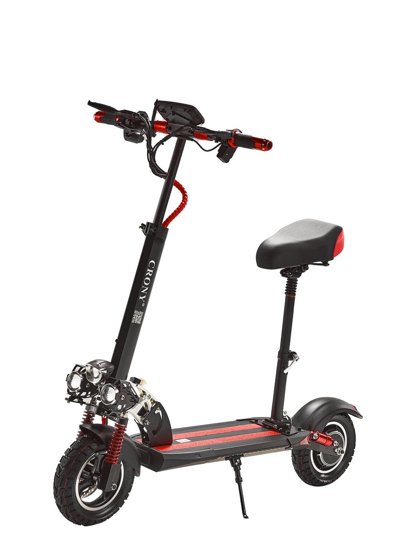 Crony V10 Big LCD Display 1200W Motor E-Scooter, 48V 12AH Battery, 42 MRH Max Speed, 25 Miles Range, Off-Road Rubber Tires, Dual Disc Brakes, Front & Rear Suspension, Foldable Aluminum Frame, Triple LED Headlights, LED Base Lighting, with Seat, Heavy Duty 265 lbs Load Capacity, Fast Urban Commuter, Red - Image 1