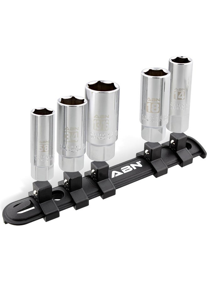 ABN ABN 3/8 Inch Drive SAE and Metric Spark Plug Socket Set 6 Pt Spark Plug Tool Set with Rubber Rings and Socket Rail, 5pc  - Image 1
