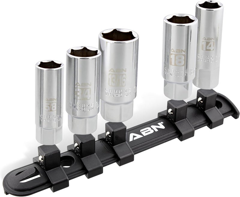 ABN 3/8 Inch Drive SAE and Metric Spark Plug Socket Set 6 Pt Spark Plug Tool Set with Rubber Rings and Socket Rail, 5pc - Image 1