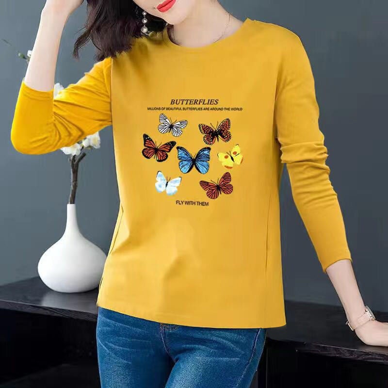 Long-sleeved T-shirt Women's 2025 Autumn Korean New Loose plus size Middle-aged Mother Printed Long-sleeved T-shirt Trendy - Image 1