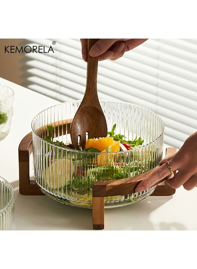 هومستر وعاء سلطة زجاجي مضلزل مع حامل خشبي -وعاء خلط كبير لتقديم السلطة والفواكه والمعكرونة والحلويات -وعاء تقديم زجاجي أنيق مع حامل خيزران طبيعي -المطبخ الحديث وأدوات المائدة - Image 1