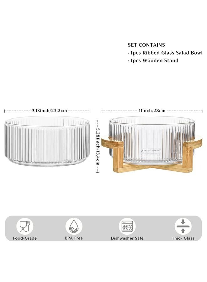 هومستر وعاء سلطة زجاجي مضلزل مع حامل خشبي -وعاء خلط كبير لتقديم السلطة والفواكه والمعكرونة والحلويات -وعاء تقديم زجاجي أنيق مع حامل خيزران طبيعي -المطبخ الحديث وأدوات المائدة - Image 3