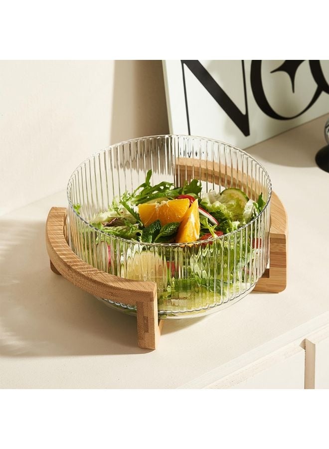 هومستر وعاء سلطة زجاجي مضلزل مع حامل خشبي -وعاء خلط كبير لتقديم السلطة والفواكه والمعكرونة والحلويات -وعاء تقديم زجاجي أنيق مع حامل خيزران طبيعي -المطبخ الحديث وأدوات المائدة - Image 4