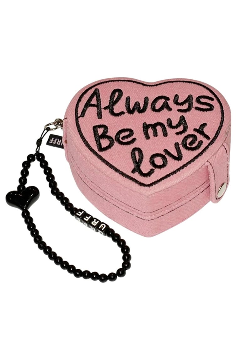 KASTWAVE Mini Jewelry Organizer, Heart Shape Portable Storage Organizer, Trendy Travel Jewelry Case, Lightweight Velvet Denim Small Jewelry Case, Travel Jewelry Holder for Rings, Necklaces - Image 1