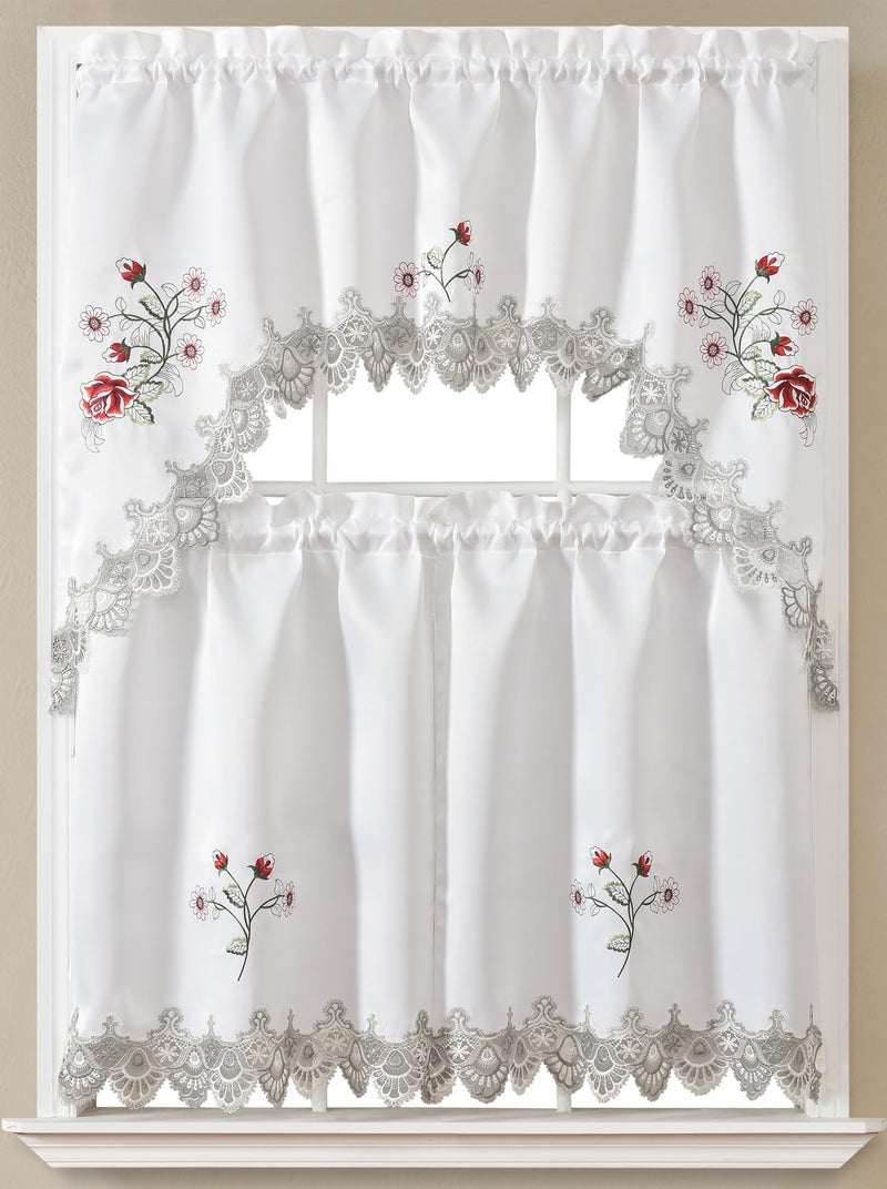 GLORY RUGS 3pc Kitchen Curtain Flower White Valance Set 1 Swag Valance and 2 Tiers 2 Tiers Width 29"x 34" Each and The Valance Length 58"x34"