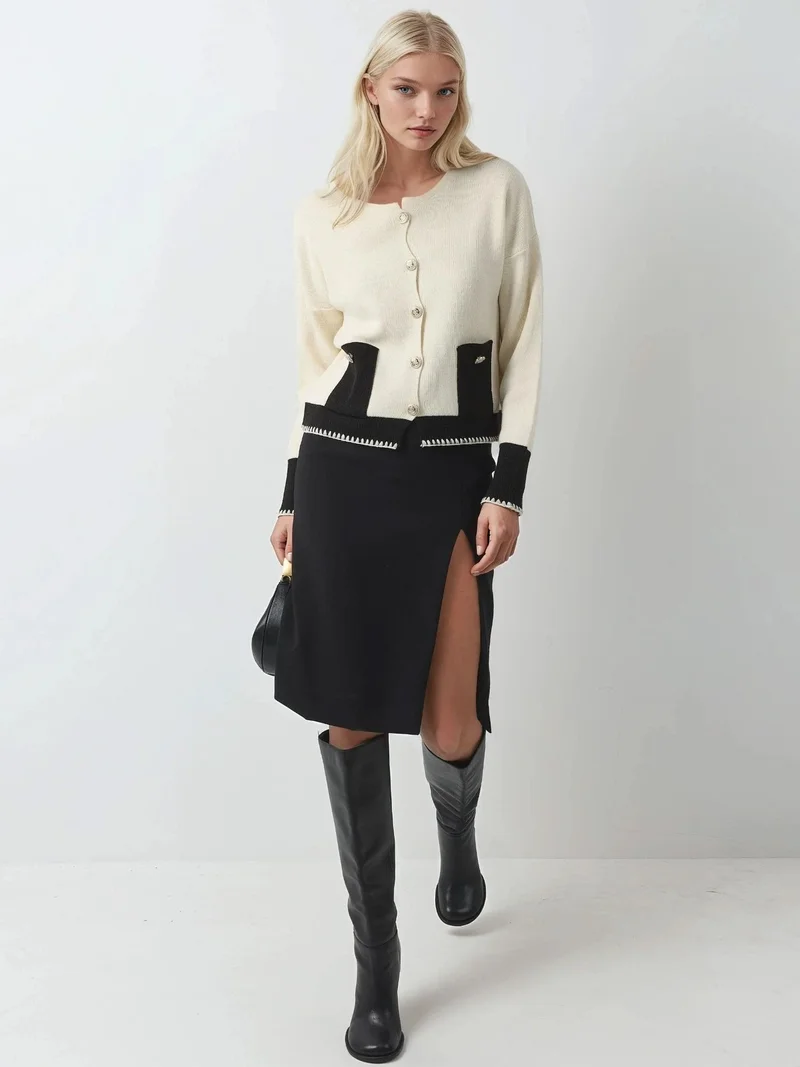 MY FASHION Cream Natural MY FASHION Pocket Detailed  Knit Cardigan with Button Closure for Women | Best Price UAE